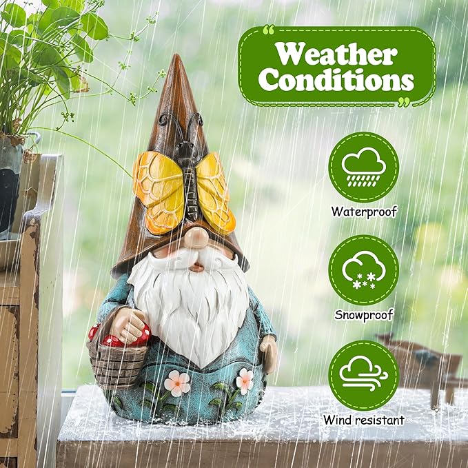 Outdoor Garden Gnome Statue, Butterfly Gnomes Decor Spring Butterfly Figurine, 7.3" Garden Gnomes Sculptures & Statues Outside Yard Lawn Patio Home Decoration, Nomes Gift