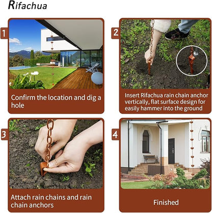 Rifachua 8.5ft 12 Cups Blue Plated Lotus Rain Chain for Gutters Downspouts Outside with Rain Chain Anchor Anchoring Stake Base Copper