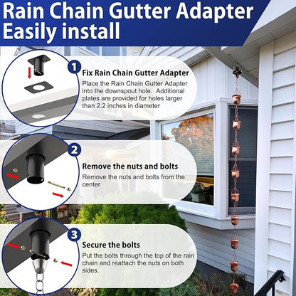 2pack Rain Chain Gutter with Bolt Anti-Rust Black Metal Adapter Decorative Rain Chains for Outside Gutter Downspout Adapter Rainchain Installation Kits