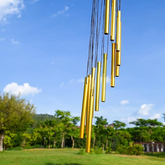 Wind Chimes Outdoor Clearance with 12 Aluminum Tubes and Hook, Outsie Wind Chime Gift Decoration for Garden Patio Balcony and Home （Gold）, WLM03