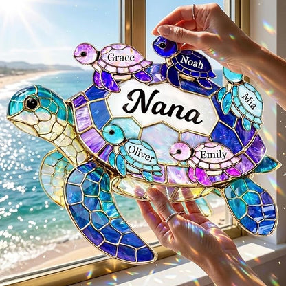 Personalized Turtle Suncatcher for Grandma, Custom Name Window Hanging Stained Glass Ornament, Colorful Window Decor for Grandparents, Gift for Mother's Day, Birthdays, Christmas