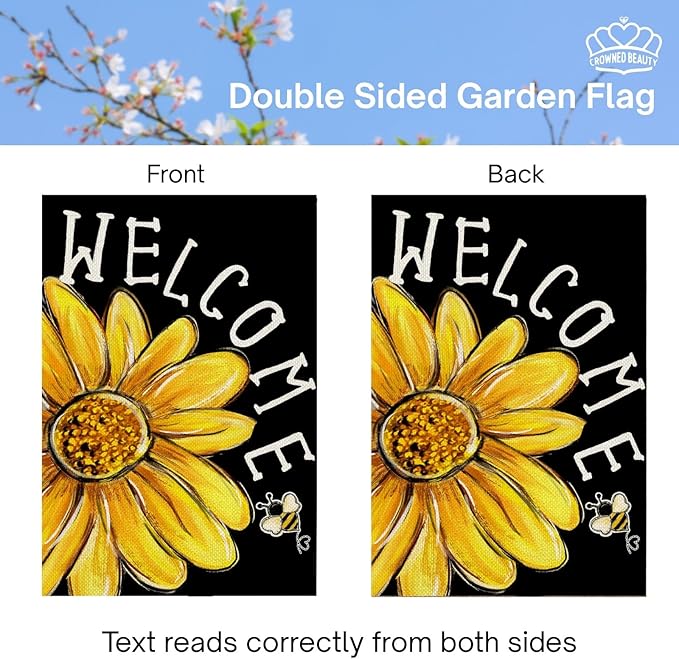 CROWNED BEAUTY Spring Summer House Flag Daisy Bee Double Sided 28x40 Inches Large Burlap Welcome Holiday Seasonal Yard Decoration for Outside Porch