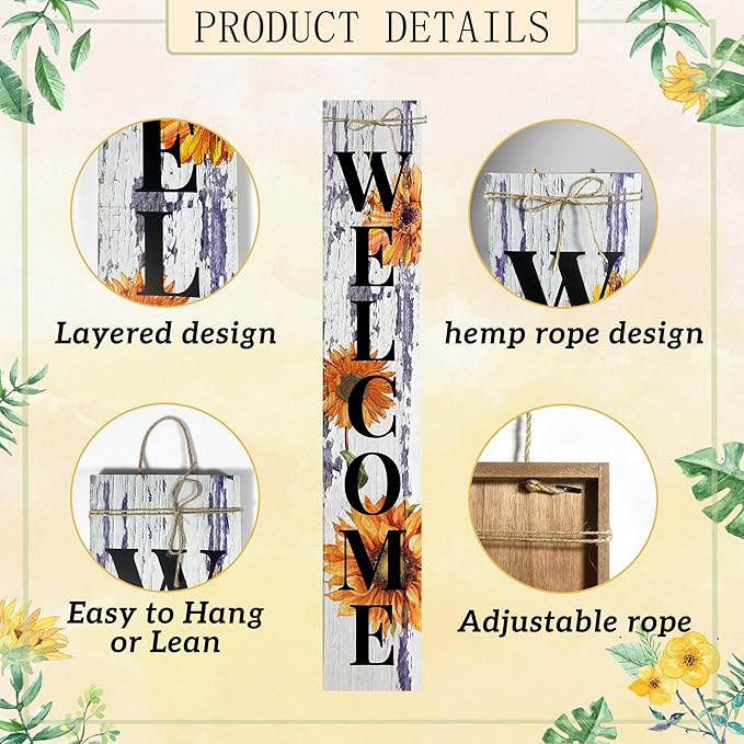 Sunflower Welcome Porch Sign Decor Summer Wooden Hanging Sign Door Porch Standing Decorative Signs Plaques for Front Door Farmhouse Outdoor Indoor Welcome Sign Wall Craft Decor 47.2"H