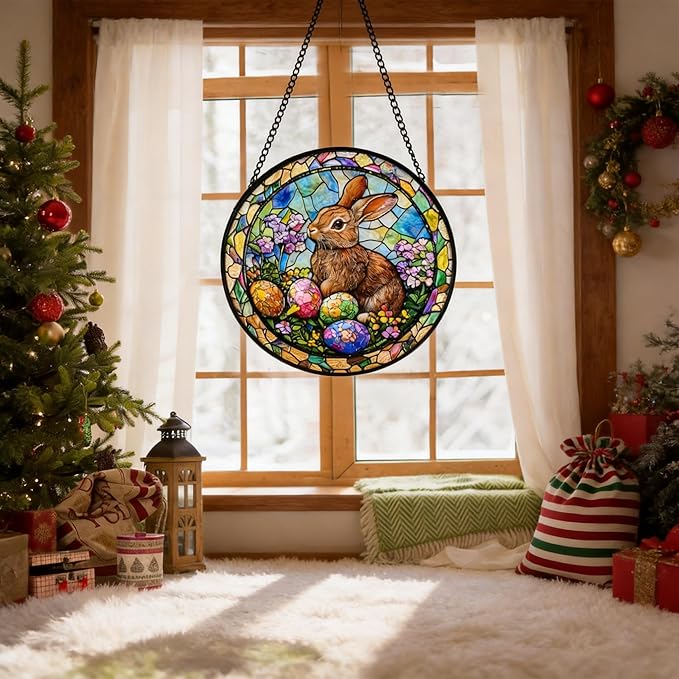 Stained Glass Sun Catcher,Rabbit Glass Window Hanging Garden Decor,Sun Catchers Indoor Window,Whimsical Decoration for Home Backyard Patio Lawn Porch with 9.8 INCH