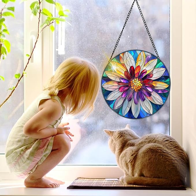 Bimkole Flower Stained Glass Suncatcher Window Hanging - Petals Indoor Window or Doorway Decoration - Handmade Sun Catcher Decor for Garden Home Christmas & Birthday Gifts 7.87x7.87 inch