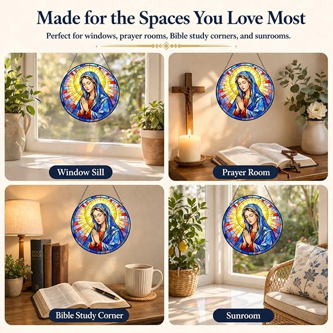 Virgin Mary Suncatcher Window Hanging, 7.8" Stained Glass Mother’s Day Religious Gift for Mom, Grandma and Friends, Catholic Christian Decor for Window, Prayer Room, Sunroom and Office