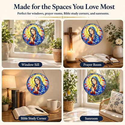 Virgin Mary Suncatcher Window Hanging, 7.8" Stained Glass Mother’s Day Religious Gift for Mom, Grandma and Friends, Catholic Christian Decor for Window, Prayer Room, Sunroom and Office