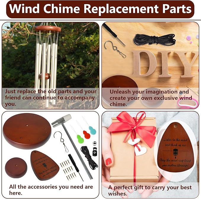 Wind Chime Repair Kit, 28 PCS Windchime Replacement Parts Including Round Top, Clapper, Wind Catcher, 19.6FT Nylon Cord, DIY Wind Chime Supplies (Brown)