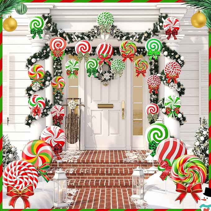 Huwena 30 Pcs Christmas Outdoor Hanging Decorations Snowflakes Candy Yard Signs Include 6 Plastic Yard Stakes 24 Double Sided Ornaments for Christmas Winter Holiday Garden Tree Decor(Candy Cane)