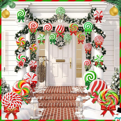 Huwena 30 Pcs Christmas Outdoor Hanging Decorations Snowflakes Candy Yard Signs Include 6 Plastic Yard Stakes 24 Double Sided Ornaments for Christmas Winter Holiday Garden Tree Decor(Candy Cane)