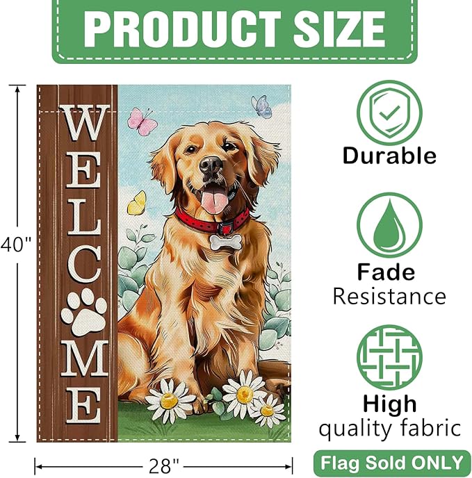 Dyrenson Welcome Golden Retriever Dog 28 x 40 House Flag Double Sided, Paw Prints Garden Yard Decoration Pet Owner Lover Gift, Spring Summer Burlap Outdoor Decor Decorative Large Flag