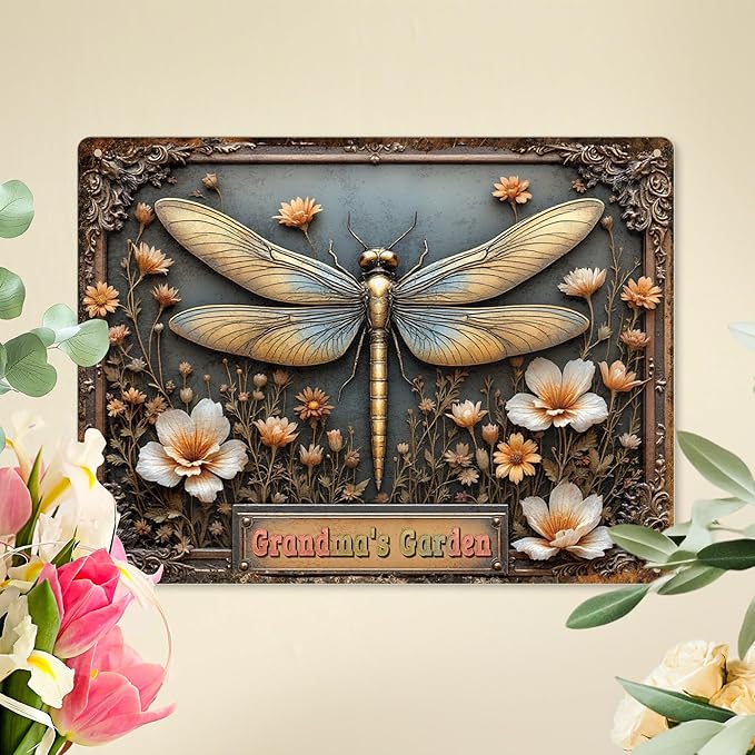 Custom Garden Signs Personalized Metal Tin Sign for Women, Retro Dragonfly Metal Sign for Outdoor, Patio, Yard Rustic Home Decor Gift for Mothers Day, Grandmas, and Gardening Lovers