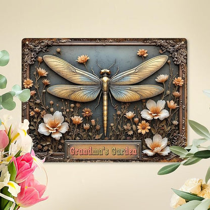 Custom Garden Signs Personalized Metal Tin Sign for Women, Retro Dragonfly Metal Sign for Outdoor, Patio, Yard Rustic Home Decor Gift for Mothers Day, Grandmas, and Gardening Lovers