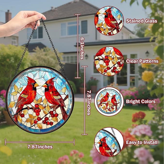 Red Cardinal Stained Glass Window Hanging, Hummingbird Suncatcher Diamond Glass Panel Hangings, Handmade Bird Sun Catchers Windows Wall Art, Gift for Mom, Christmas Decor for Home Office 7.87 inches