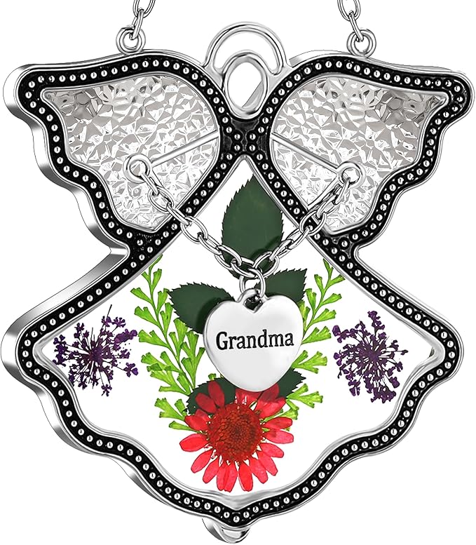 KY&BOSAM Grandma Angel Suncatcher Stained Glass Suncatchers for Windows Hanging Wind Chime with Pressed Dried Flower and Metal Trim Charm Birthdays Gifts for Grandma Mothers Day Valentines Christmas