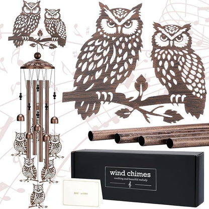 Wind Chimes for Outside - Owl Gifts for Women Mom Grandma Metal Windchimes with Greeting Card Indoor Outdoor Art Decor Garden Patio Lawn Hanging Decoration Christmas New Year Birthday Gift