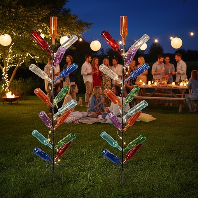 Hoolerry 2 Pcs Wine Bottle Tree Garden Outside Decor 5. 9 ft Wine Bottle Metal Tree Outdoor Decoration Colored Glass Bottle Holder Artificial Trees for Garden Yard Camping Party Decoration