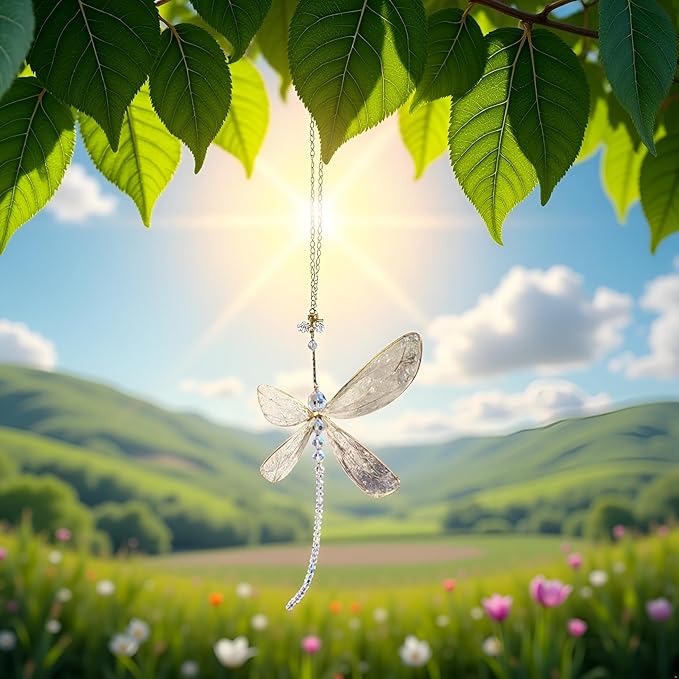 Dragonfly Pendant, Dragonfly Shape Rainbow Maker Hanging Crystal for Windows Garden Tree Car Wedding Room Decoration(15X15cm)