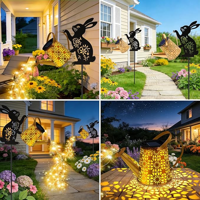 Solar Watering Can Lights, Bunny Hanging Lantern Solar Lights Outdoor, Rabbits Lover Gifts for Mom Women Birthday Mother's Day Christmas, Waterproof Garden Decor Outside Patio Yard Pathway Backyard