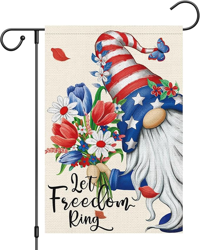Let Freedom Ring Garden Flag 12x18 Inch Double Sided Burlap, 4th of July Gnome Garden Flags Patriotic Memorial Day Flower Yard Flag for Independence Day Outdoor Decor (ONLY FLAG)
