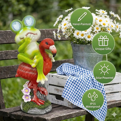 Solar Garden Decor Garden Statues Yard Art Frog Riding Flamingo Outdoor Funny Decoration for Lawn, Patio, Yard, Gardening Gifts for Women Mothers Day Gifts for Mom