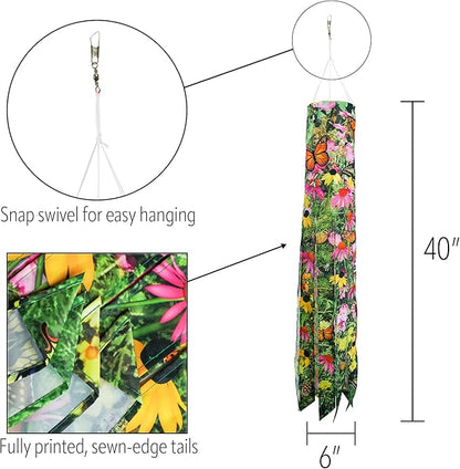 In the Breeze 5271 — Summer Garden 40-inch Illusion Windsock — Vibrant Decor, Embroidered Details, Fully Printed Tails