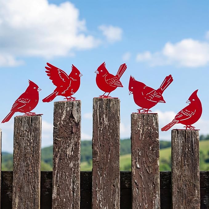 Leinuosen 5 Pcs Red Cardinal Birds Silhouettes Decoration, Garden Spring Decor Outdoor, Metal Bird Craft Statue Set, Yard Art Ornaments for Garden Patio, Cardinal Silhouette, Housewarming Gift