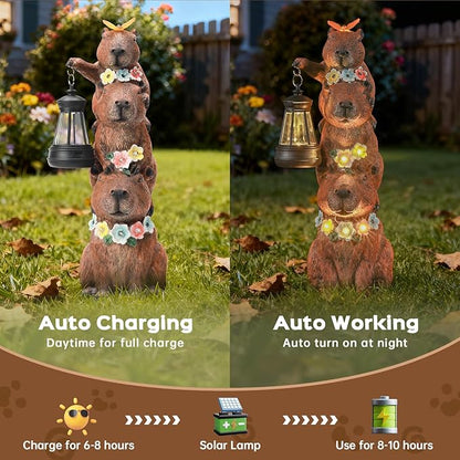 Capybara Solar Garden Statue, Outdoor Capybara Statue with Flower Decoration & Lantern Light, Funny Triple Capybara Decor for Women, Capybara Figurine for Yard Garden Patio Lawn Ornaments