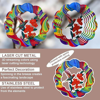 Wind Spinner Colorful Hummingbird 12 inch 3D Stainless Steel Laser Cut Metal Double Sided Printing-Hanging Indoor/Outdoor Decorations Yard Gardening Decor,Metal Kinetic Art Ornament Gifts