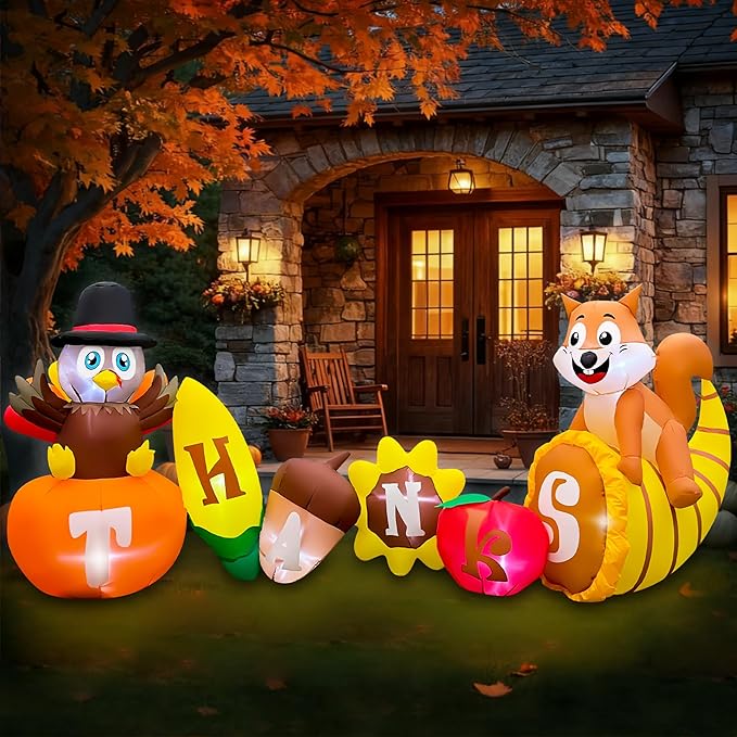 SEASONBLOW 8FT Thanksgiving Inflatable Turkey with Pumpkin Outdoor Decorations, LED Light Up Thanksgiving Blow Up Turkey with Corn Squirrel and Cornucopia for Celebrate Autumns Fall Harvest Yard Decor