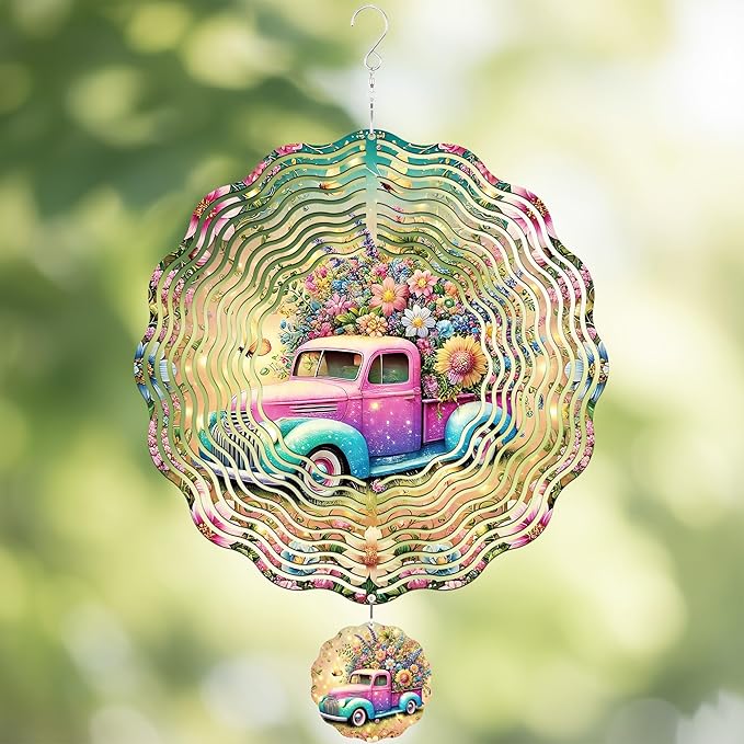 Hanging Wind Spinners Outdoor - 3D Metal Wind Spinner Truck Floral Stainless Steel Decor 12 Inch Kinetic Spinning Art Ornaments for Garden Patio Porch Indoor Home Birthday Gifts for Women Mom