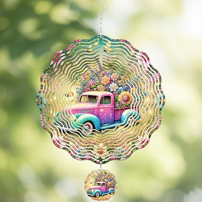 Hanging Wind Spinners Outdoor - 3D Metal Wind Spinner Truck Floral Stainless Steel Decor 12 Inch Kinetic Spinning Art Ornaments for Garden Patio Porch Indoor Home Birthday Gifts for Women Mom