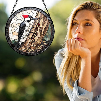 Stained Glass Window Hanging - Woodpecker Bug Catching Suncatcher for Doors Garden Sun Catchers Decor Christmas Mother's Day Birthday Gifts for Bird Lover Women Men Mom Nana Friend 11.8 in