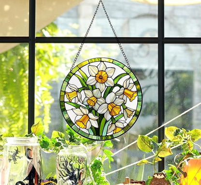 Stained Glass Window Hanging, Daffodil Flowers Sun Catchers Glass Panel Hangings Suncatcher Decor Spring Garden Gift for Women 7.8 in