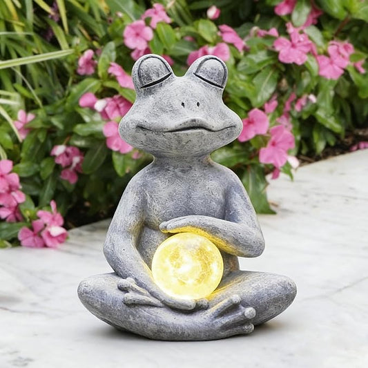 Meditating Yoga Frog Statue with Solar LED Light Ball - 6.8L x 9.65H Zen Garden Figurines for Home and Garden Decor, Frog Decorations Gift Ideas, Gifts for Women Mom