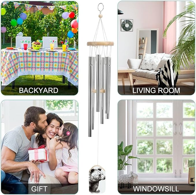 Large Aluminium Wind Chimes 20.5" Inches Wildlife Hand Drawn Bear Animal Wind Chimes for Outside Memorial Wind Chimes Sympathy Wind Chime for Outdoor Garden Patio Decoration