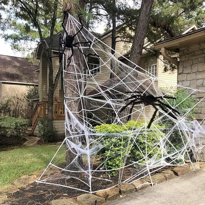 Halloween Spider Web Decoration 16ft + Giant Spider 35" Black + Stretchy Dense Spider Silk Rope and 2 Small Spiders Triangular Huge Spider Web for Indoor/Outdoor