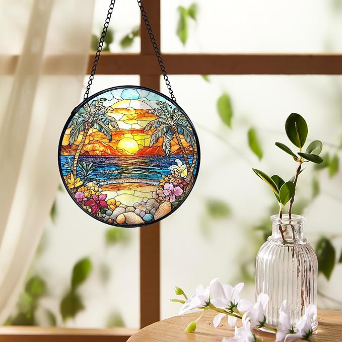 Tropical Beach Suncatchers Stained Glass Window Hanging, Coastal Ocean Sun Catchers Indoor Window Glass Round Wall Decor, Coastal Seascape Beach Wall Hanging Decorations, 7.9x7.9in