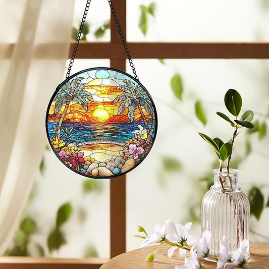 Tropical Beach Suncatchers Stained Glass Window Hanging, Coastal Ocean Sun Catchers Indoor Window Glass Round Wall Decor, Coastal Seascape Beach Wall Hanging Decorations, 7.9x7.9in