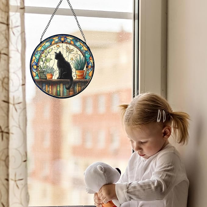 Black Cat Stained Glass Window Hanging, Book Lovers Suncatchers Sun Catchers Indoor Window Glass Wall Art, Book Reader Gifts, Black Cat Round Wall Hanging Decor, 7.9x7.9in,