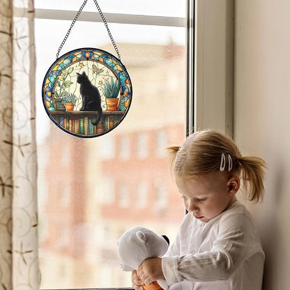 Black Cat Stained Glass Window Hanging, Book Lovers Suncatchers Sun Catchers Indoor Window Glass Wall Art, Book Reader Gifts, Black Cat Round Wall Hanging Decor, 7.9x7.9in,