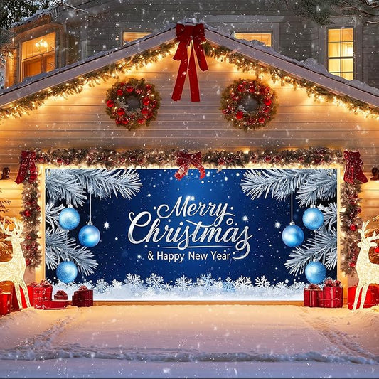 IVN Christmas Garage Door Cover Decoration 13x6ft Blue Night Snowflakes Silver Ornaments Pine Branches Merry Christmas Winter Garage Door Banner Home Door Front Yard Decor for Xmas Eve Holiday Outdoor
