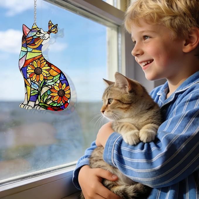 Stained Glass Suncatchers for Windows, Hanging Sun Catchers Indoor Window, Cat Suncatcher for Home Decor, Garden, Patio(UV Printed)