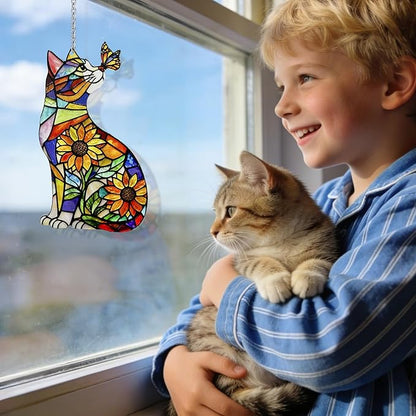 Stained Glass Suncatchers for Windows, Hanging Sun Catchers Indoor Window, Cat Suncatcher for Home Decor, Garden, Patio(UV Printed)