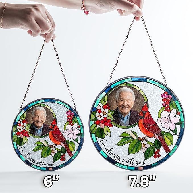 Personalized Photo Cardinal Stained Glass Suncatcher, Cardinal Memorial Sun Catcher Window Hanging, I'm Always with You Gift Home Decor, Mother's Day Sympathy Gift for Mom, Dad, Family SC-HU-M123