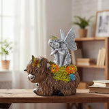 Angel Garden Decor Statue Solar Angel Sitting on Highland Cow Succulent Butterfly Bee LED Lights Outdoor Decorations for Yard Patio Housewarming Gift for Mom Women