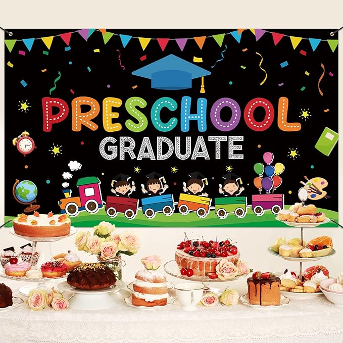 Large Preschool Graduation Party Banner Decorations 72x44 Inch, Kindergarten Graduate Banner Flag Photography Background for Kids Class of 2023 Ceremony Congratulations Grad School Prom Supplies