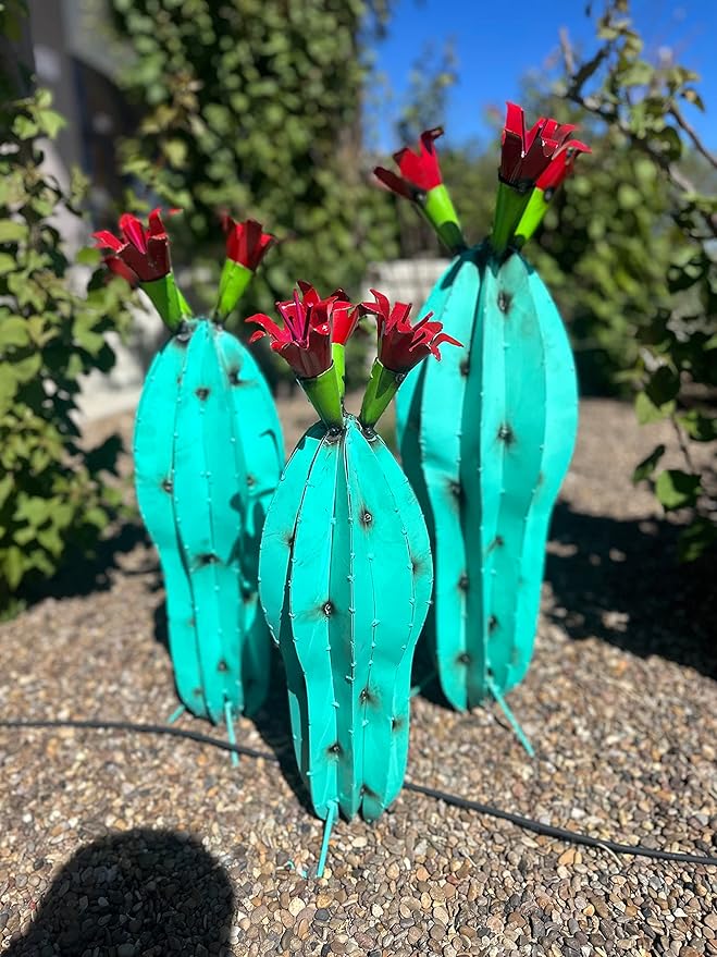 Handmade Metal Peanut Cactus with Flower - Garden Art (Turquoise (21 inches))