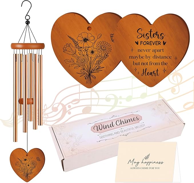 Mothers Day Sister Gift, Sisters Forever Quote Wind Chimes for Outside, Floral Heart Design Windchime for Home Garden Patio Yard Decor