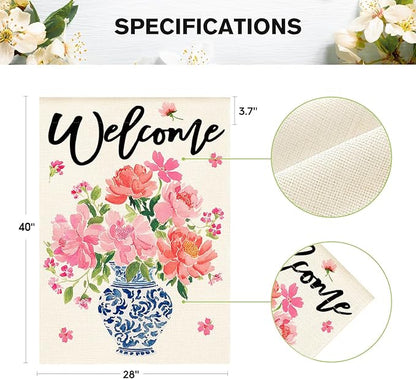 AVOIN colorlife Pink Peony Spring Floral House Flag 28x40 Inch Double Sided Outside, Blue and White Chinoiserie Seasonal Welcome Yard Outdoor Flag